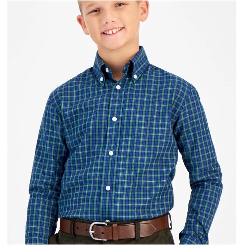 B by Brooks Brothers Boys Navy Geen Plaid Classic Fit Long Sleeve Shirt Size 18